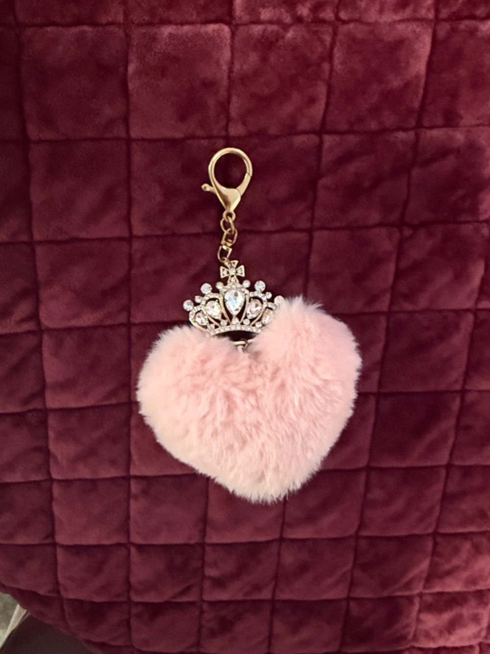 Juicy Couture Plush Pink Heart Keychain with Crystal Crown Charm